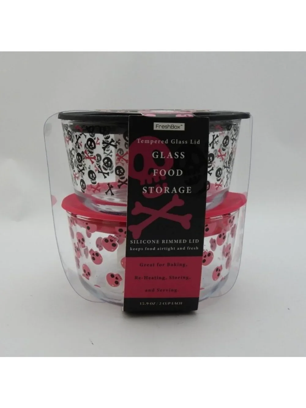 FreshBox Skull Glass Food Storage Containers 2 Pc Set Pink Black New Halloween